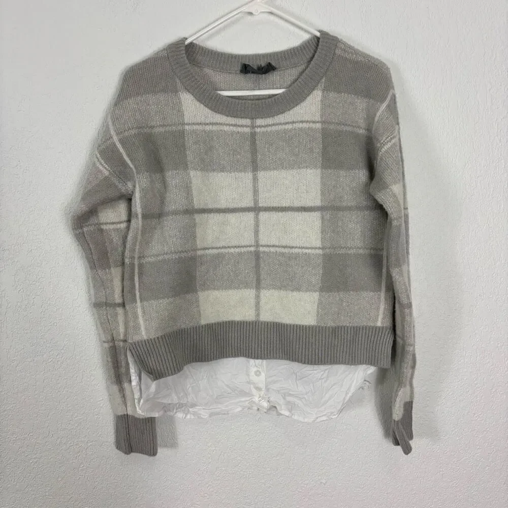 Anthropologie Grey and White‎ Plaid Fleece Sweater w/ White Button Up Under XS